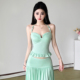Amyway 薄荷蓝绿 复古性感串珠挂脖荷叶边吊带垂感A字半身裙女