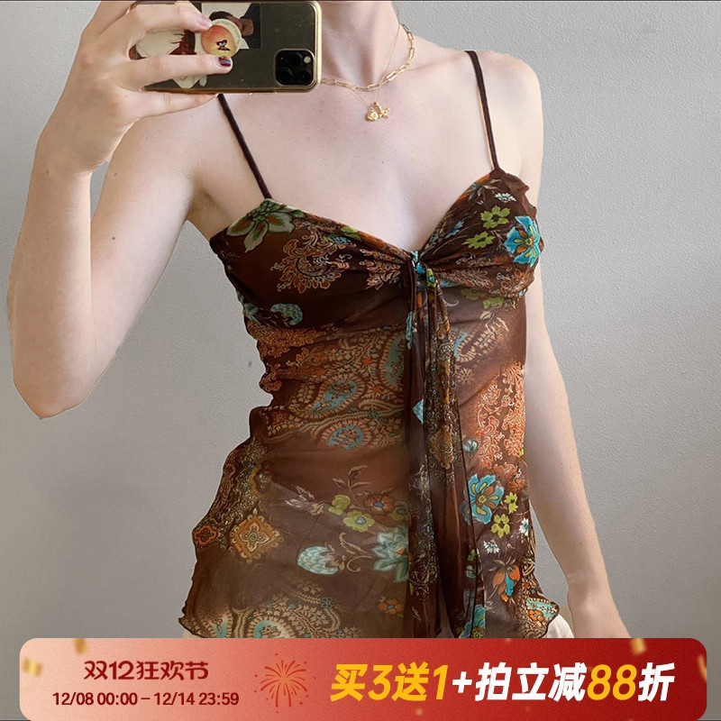 网纱碎花上衣背心吊带复古