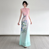 国风 Amyway 新中式 清冷感粉绿晕染印花连衣裙女优雅绝美长裙