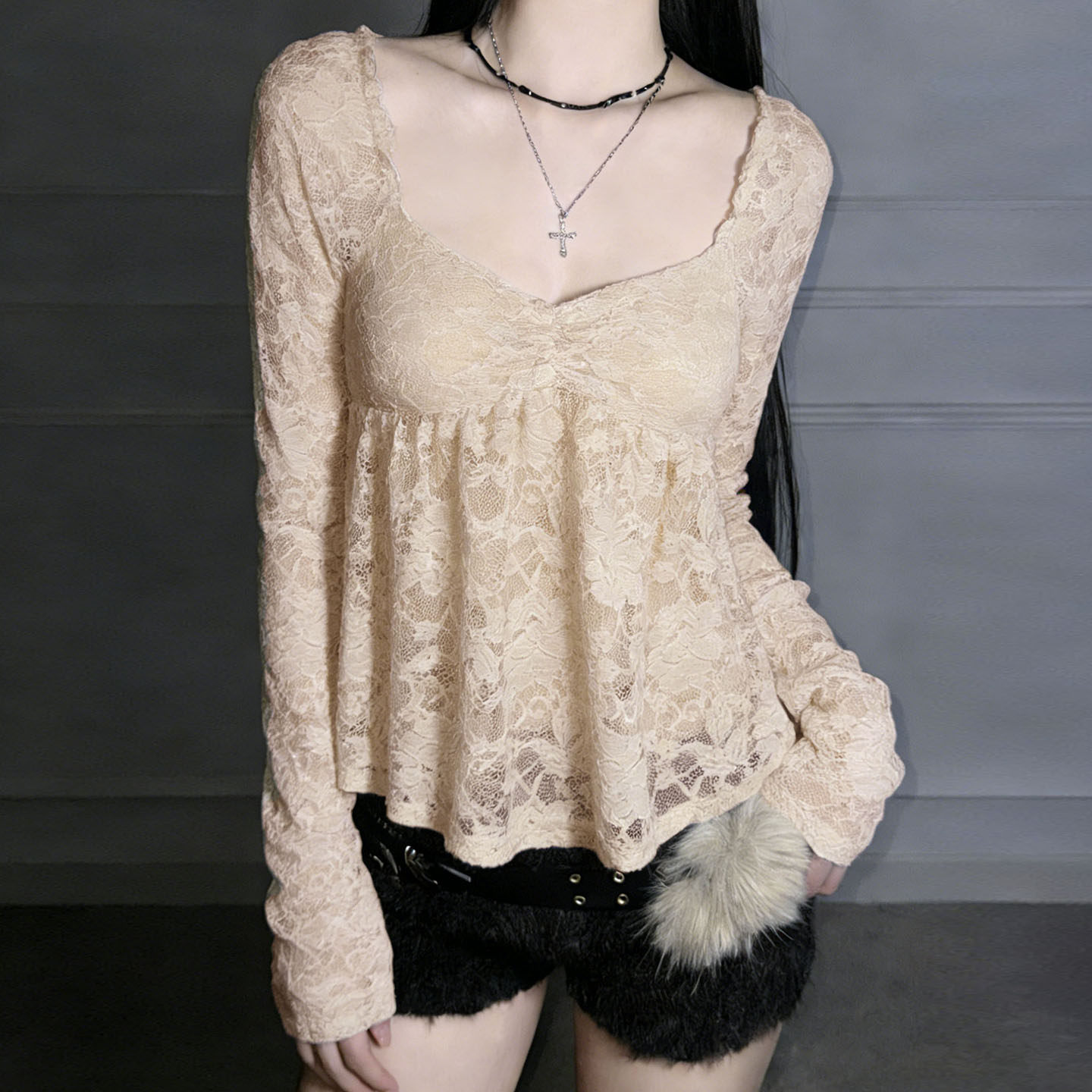 Amyway【法式纯欲】性感方领蕾丝衫女长袖收腰显瘦高级感上衣,女装/女士精品,背心吊带,淘宝优惠券,粉丝福利购,淘宝优惠卷