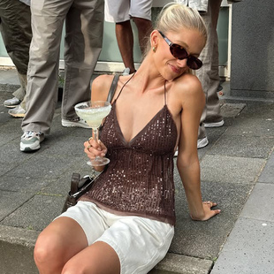 复古V领性感辣妹亮片吊带背心露背系带上衣 风情 Amyway 意式