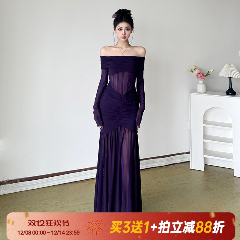 复古辣妹风长裙一字肩连衣裙