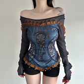 中古辣妹复古扎染印花荷叶边长袖 Amyway 废土流浪 蕾丝花边T恤