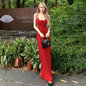 法式 Amyway 曼妙曲线 复古红色度假系带吊带裙收腰性感包臀长裙