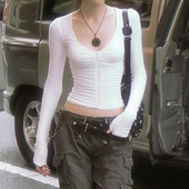 美式 辣妹 小众V领设计感褶皱长袖 Amyway T恤女修身 显瘦性感上衣