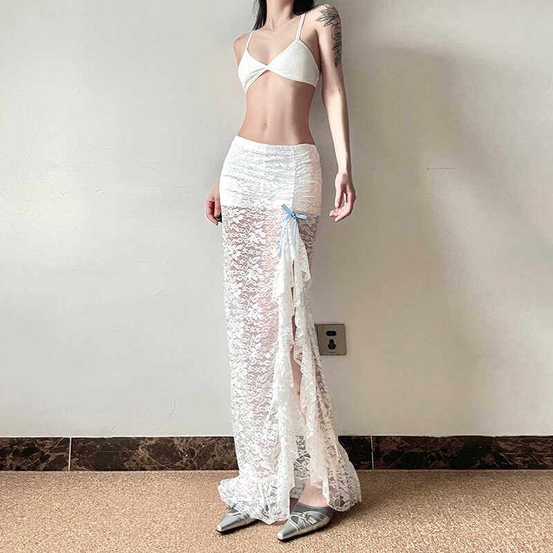 荷叶边透视蕾丝半身裙长裙性感