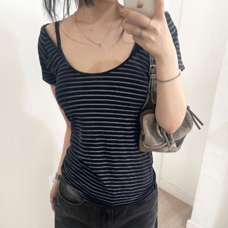 Amyway【复古百搭】美式纯欲风辣妹条纹短袖T恤修身显瘦打底上衣,女装/女士精品,T恤,淘宝优惠券,粉丝福利购,淘宝优惠卷