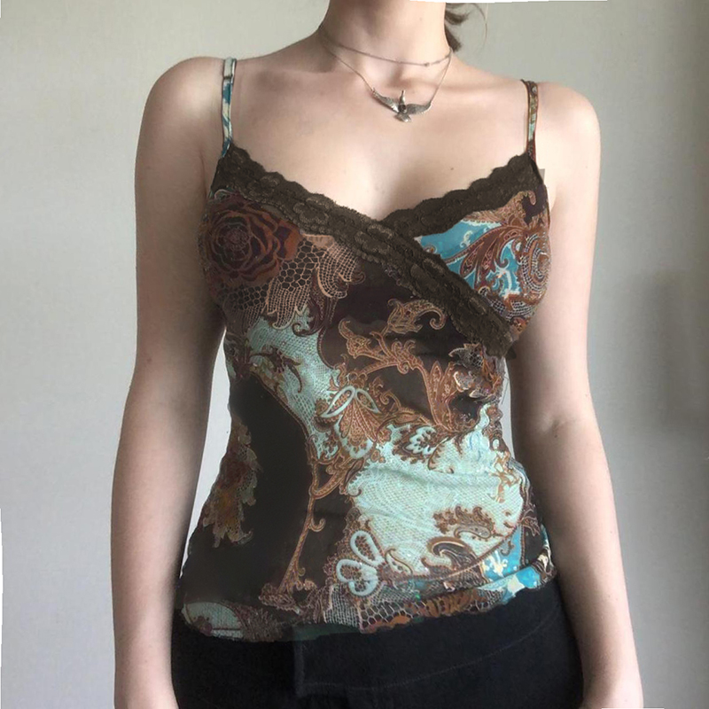复古辣妹抽象印花吊带背心