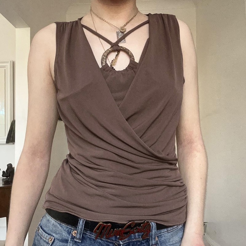 Amyway【废土辣妹】复古小众交叉荡领圆环背心vintage内搭T恤女,女装/女士精品,背心吊带,淘宝优惠券,粉丝福利购,淘宝优惠卷