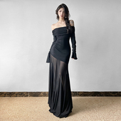 黑天鹅 Amyway 法式 高级感网纱拼接长裙裙气质显瘦一字肩连衣裙