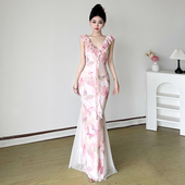 温柔 Amyway 法式 荷叶花边飘带连衣裙蝴蝶印花网纱超仙度假长裙