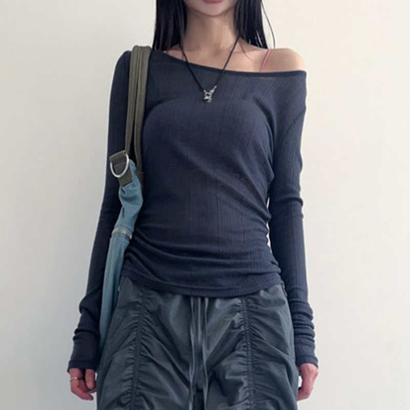 Amyway复古纯色基础露背绑带镂空性感长袖上衣 基础款修身T恤女