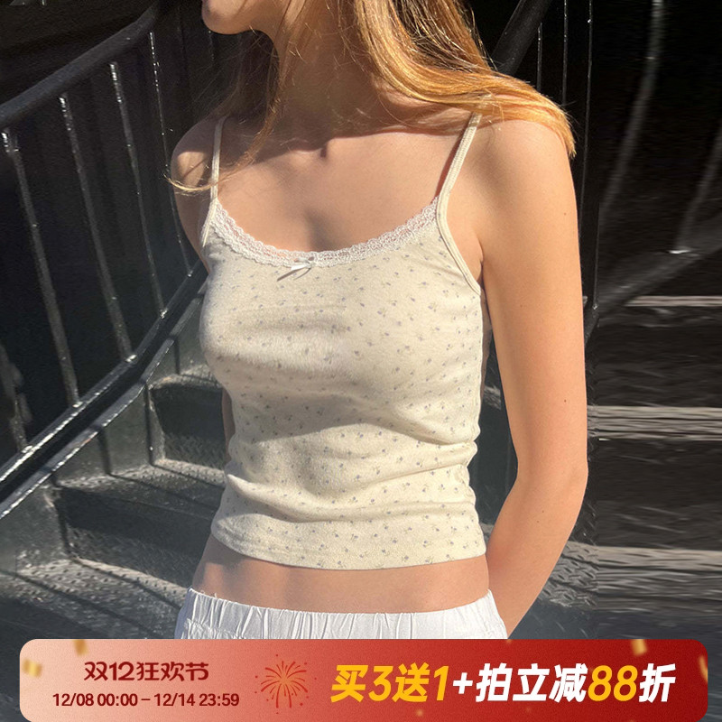 无袖碎花上衣美式蕾丝吊带