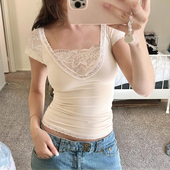 Amyway T恤辣妹上衣 小众甜妹风蕾丝拼接花边短袖 纯欲少女 法式