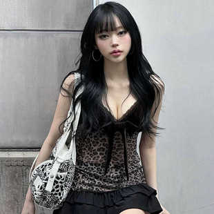 Amyway欧美风复古辣妹风性感蕾丝吊带 豹纹拼接花边网纱背心上衣