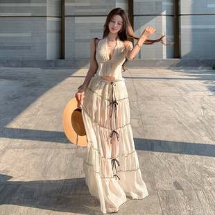 海岛沙滩度假纯欲挂脖吊带蝴蝶结飘逸长裙套装 Amyway 甜美辣妹