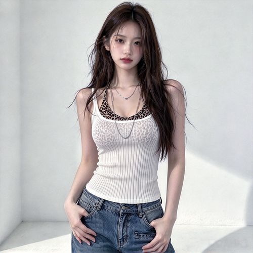 【涩谷辣妹】豹纹挂脖针织背心女