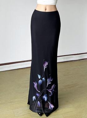 Amyway【法式复古】紫色鸢尾印花网纱半裙vintage小众中长裙女