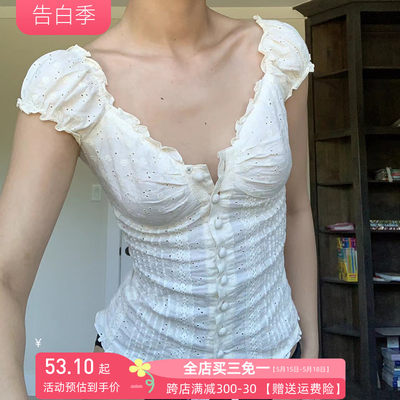 纽扣上衣法式少女蕾丝花边泡泡袖