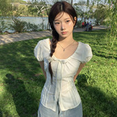 衬衫 Amyway 蝴蝶结短袖 系带收腰法式 韩系甜美 复古纯欲风泡泡袖
