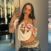 Amyway 斜肩设计宽松上衣T 街头风红唇拼豹纹印花短袖 美式 辣妹