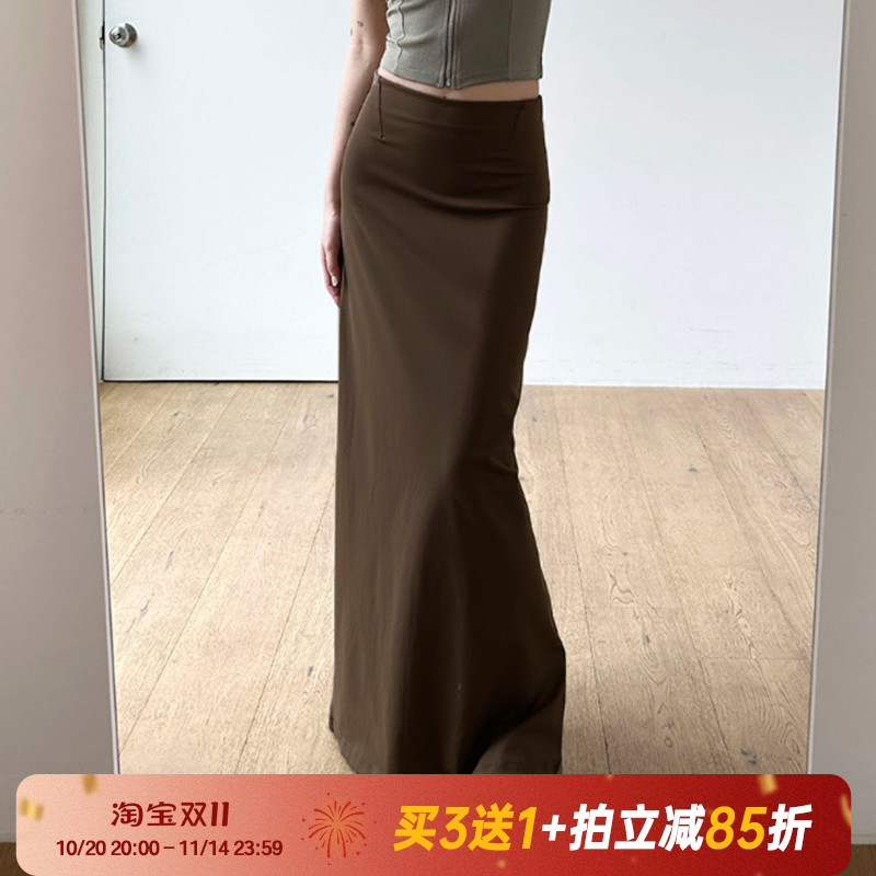 迷情复古棕色系辣妹包臀长裙