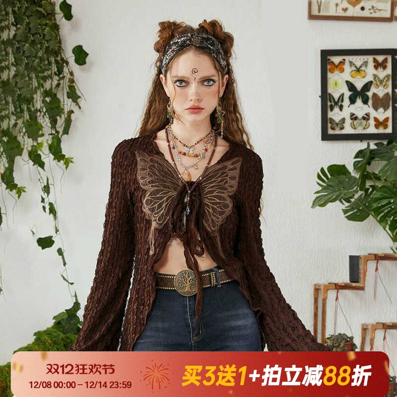 系带蝴蝶印花设计感上衣辣妹