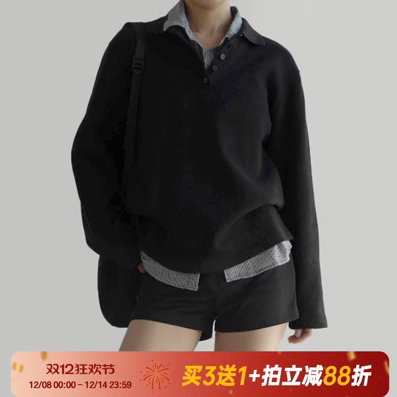 韩系复古Polo领百搭卫衣撞色上衣