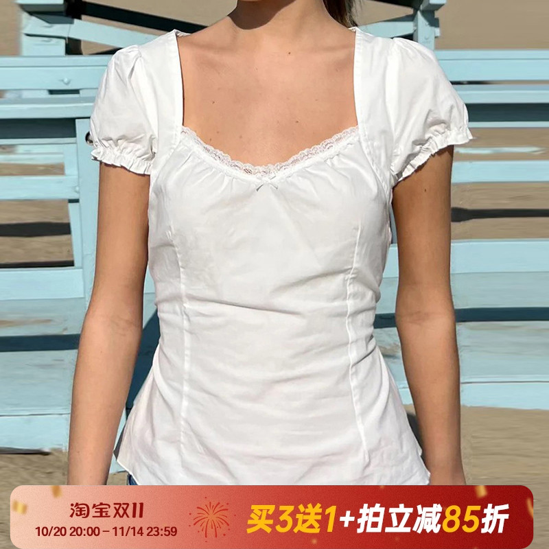 Amyway【纯欲辣妹】复古BM风蕾丝边方领短袖后背绑带收腰上衣女
