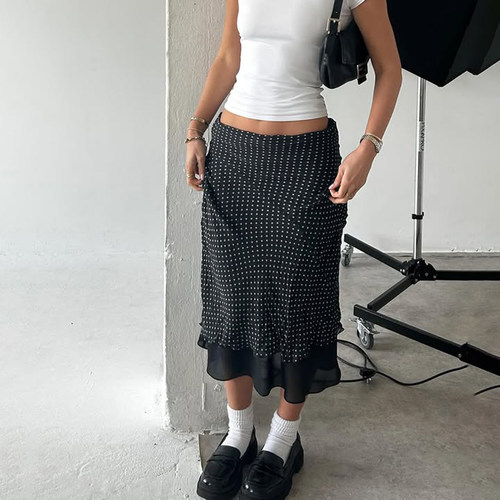 【美式复古】波点印花网纱长裙