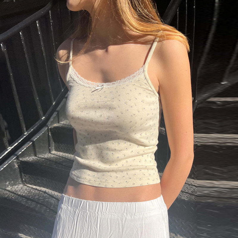 无袖碎花上衣美式蕾丝吊带