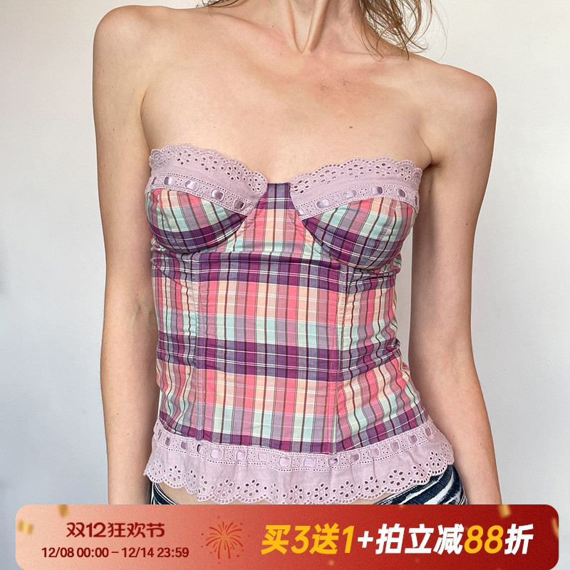 【美式甜心风】复古格纹蕾丝抹胸
