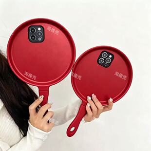 红色平底锅手机壳适用于华为VIVO结婚团扇小米OPPO创意爆改婚扇