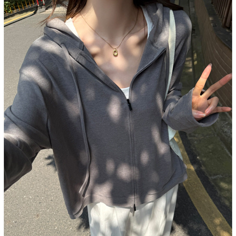 原厂正版纯色简约秋冬连帽外套女慵懒感宽松拉链开衫百搭外穿上衣