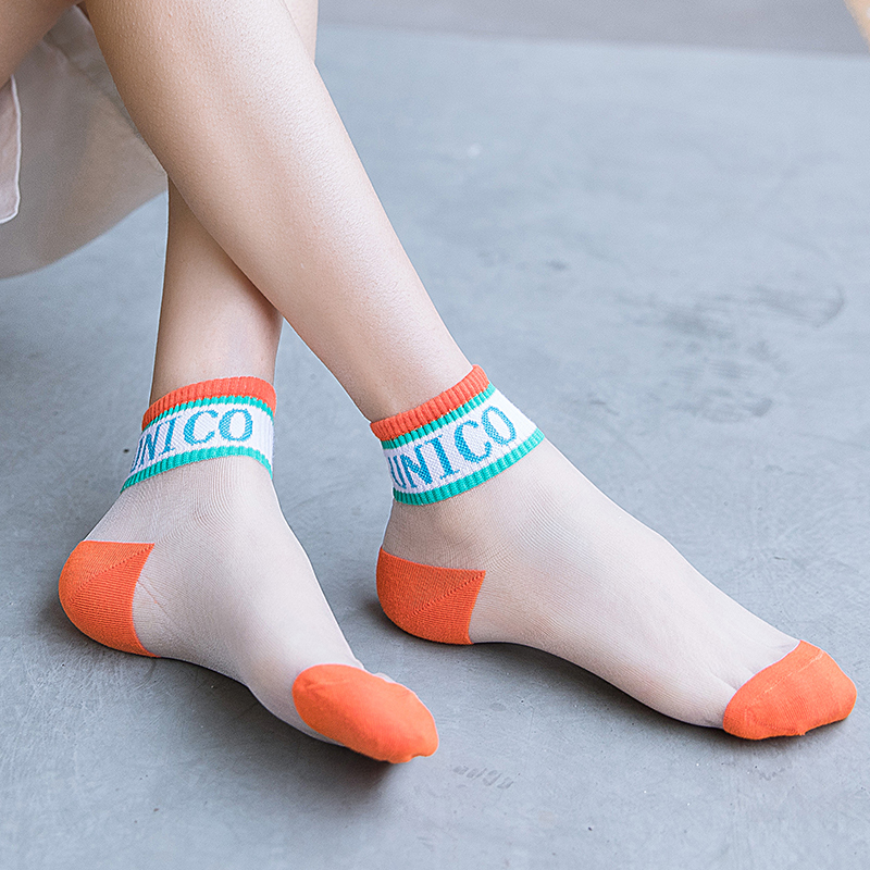 ins潮袜子女短袜透明玻璃丝水晶袜薄款夏季网红街头风字母短筒袜