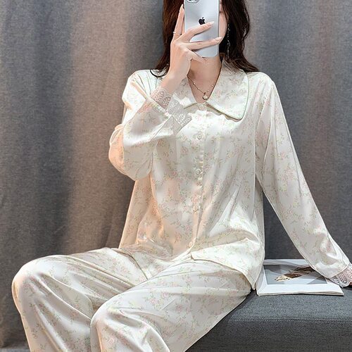 GIOIO【品牌】新款春秋睡衣女冰丝印花开衫长袖甜美休闲家居服 - 封面