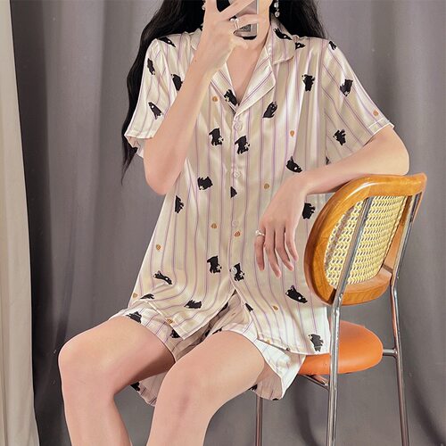 GIOIO【品牌】名星同款印花冰丝睡衣女款夏季短袖短裤家居服女