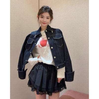 JR 2026春季新款 百搭翻领单排扣深蓝牛仔长袖外套女士XSJ1W13C