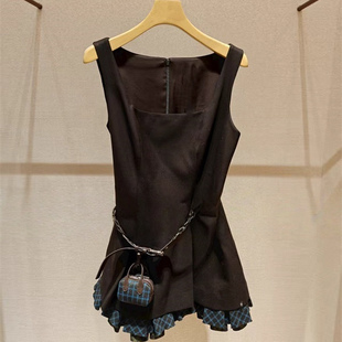 JR 专柜正品2025冬季新款 复古英伦风吊带羊毛格纹连衣裙XRJ7L03C