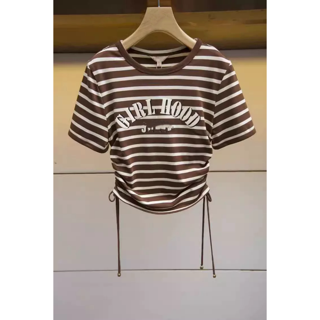 JR 专柜正品 夏季新款 设计感小众抽绳印花条纹短袖T恤女Q126302E