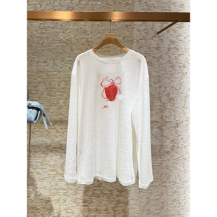 JR 2026年春新款　圆领百搭亚麻红色爱心长袖针织衫T恤女上衣