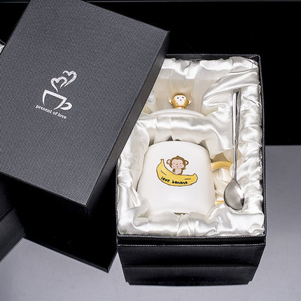 创意卡通猴马克杯带盖勺可爱陶瓷杯子家用牛奶情侣水杯韩式早餐杯