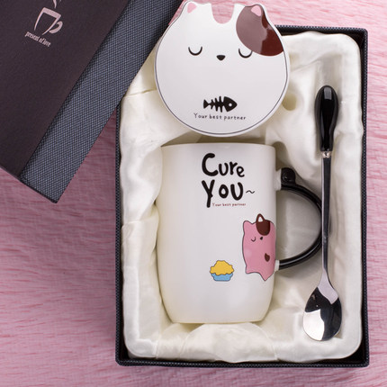 卡通可爱动物猫杯陶瓷马克杯咖啡杯带盖勺牛奶杯情侣喝水杯子个性