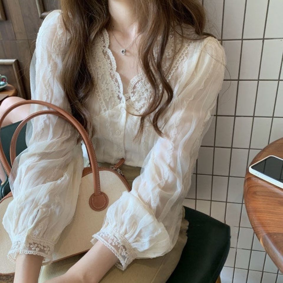 法式气质温柔v领雪纺衫女2022春夏甜美别致小衫时尚百搭长袖上衣
