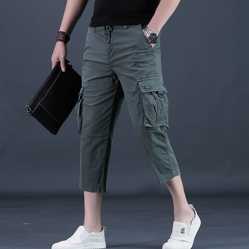 夏季裤子男八分裤男士休闲裤宽松潮牌美式8分工装矮个子男裤2025