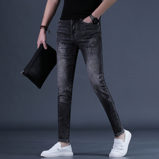 春夏裤子男牛仔裤男士潮牌修身小脚弹力长裤黑灰色刺绣花潮流男裤