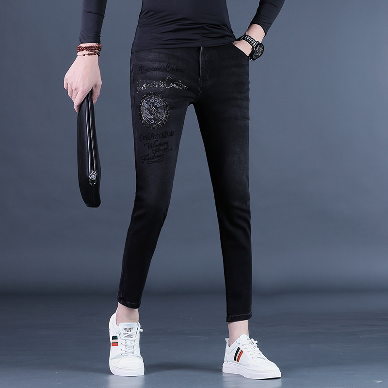 九分裤男秋冬款男士牛仔裤潮牌绣花修身小脚9分休闲裤2025上新厚