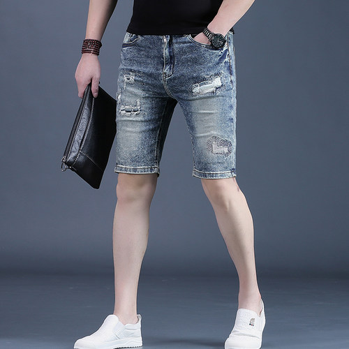 牛仔短裤男士五分裤潮牌修身破洞