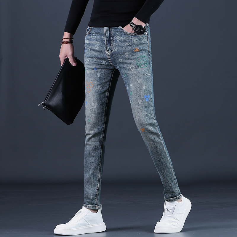 秋季牛仔裤男士潮牌刺绣花修身
