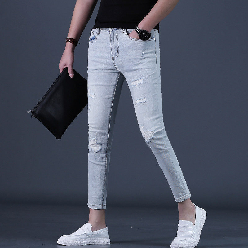 浅色牛仔裤男款九分裤潮流修身小脚破洞9分夏季男士休闲裤裤子薄